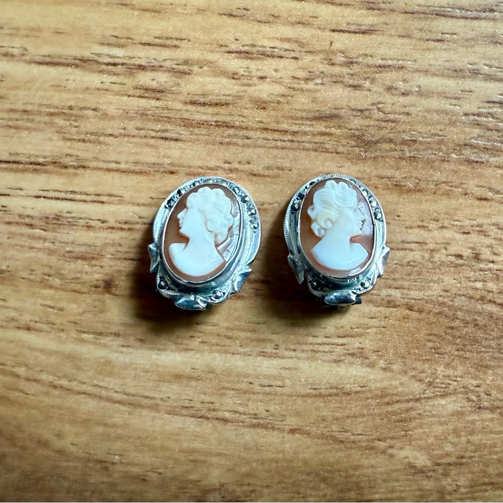 Elegant Sterling Silver Cameo Clip Earrings